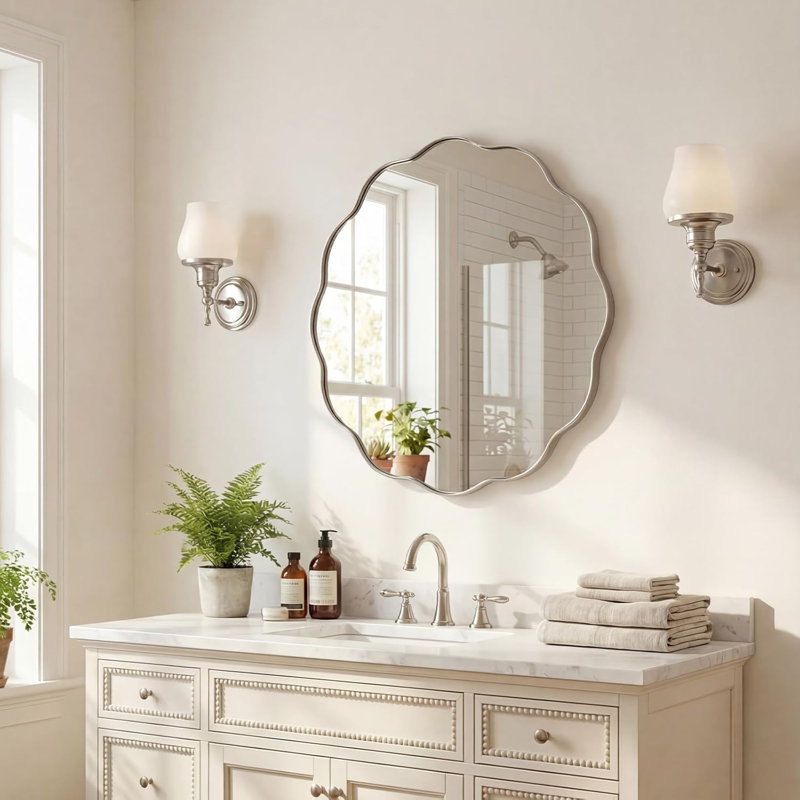 Miroir de salle de bain Contemporary Cadre en acier inoxydable, Nickel brossé, 24 po x 24 po