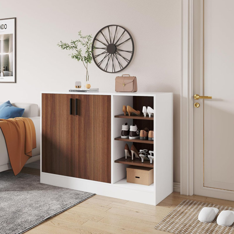 Hokku Designs Shoe Cabinet, 4-Tier Shoe Rack With Doors And Open Storage Shelf, White/Walnut