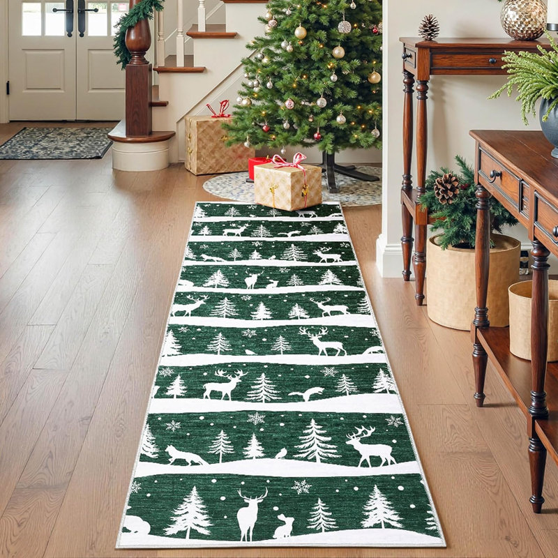 Runner Rug, Christmas Rugs with Xmas Tree Reindeer Snowflake for Holiday Decor, Non Slip Low Pile Washable Rug for Kitchen, Entryway, Living Room, Bedroom