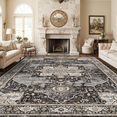 Tapis lavable 10 x 12 - Tapis doux pour salon Tapis antitaches Tapis rétro pour chambre à coucher avec envers antidérapant Tapis d'intérieur minces 10 x 12 noir