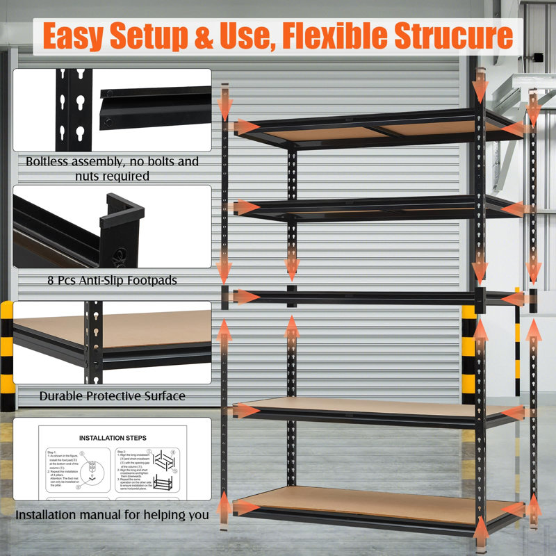 Étagère de garage robuste à 5 niveaux, tablettes de rangement réglables de L 48 x l 24 x P 72 po, charge 2000 lb, étagères de rangement de garage réglables, étagère de rangement utilitaire en métal