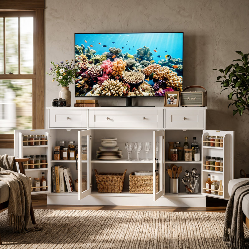 Meuble télé 55 po à 3 tiroirs avec portes en verre