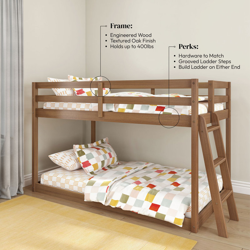 Kentin Twin Over Twin Low Bunk Bed, Embossed Pecan