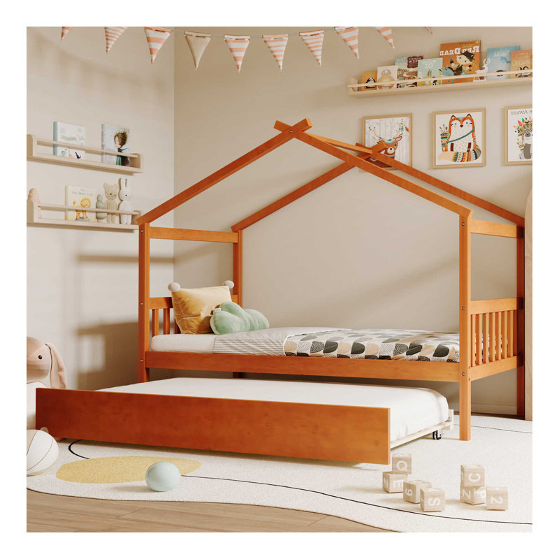 Lit simple en bois avec lit gigogne simple, noyer