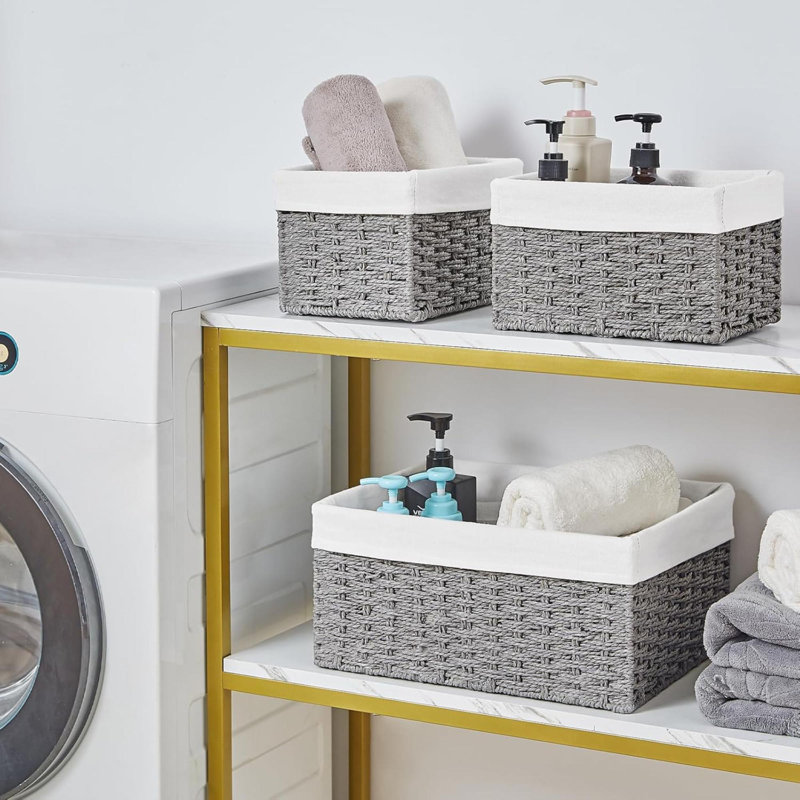 Wicker Basket, Set Of 3 Hand-Woven Storage Baskets For Organizing, Rectangle Wicker Storage Basket Bins With Handles, Small Toilet Paper Storage Baskets For Shelves & Decor