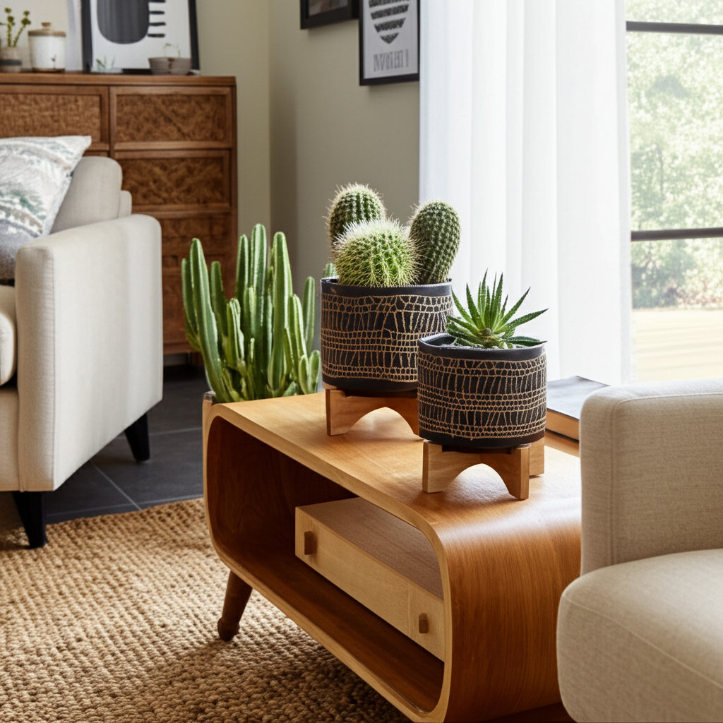 Jordahl Ceramic Planter with Bamboo Stand - Decorative Indoor and Outdoor Plant Pot with Modern Textured Design - Stylish Home and Garden Accent for Flowers, Succulents, or Herbs Dakota Fields 