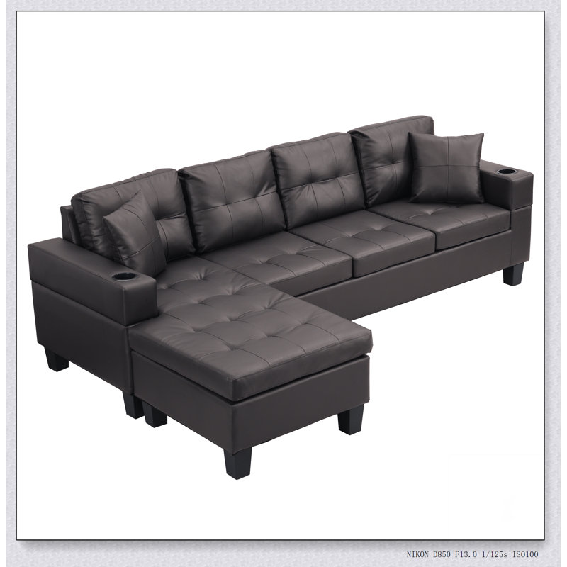 Ensemble de canapé modulaire pour salon avec méridienne en L et porte-gobelet, Orienté à droite, Simili cuir brun foncé