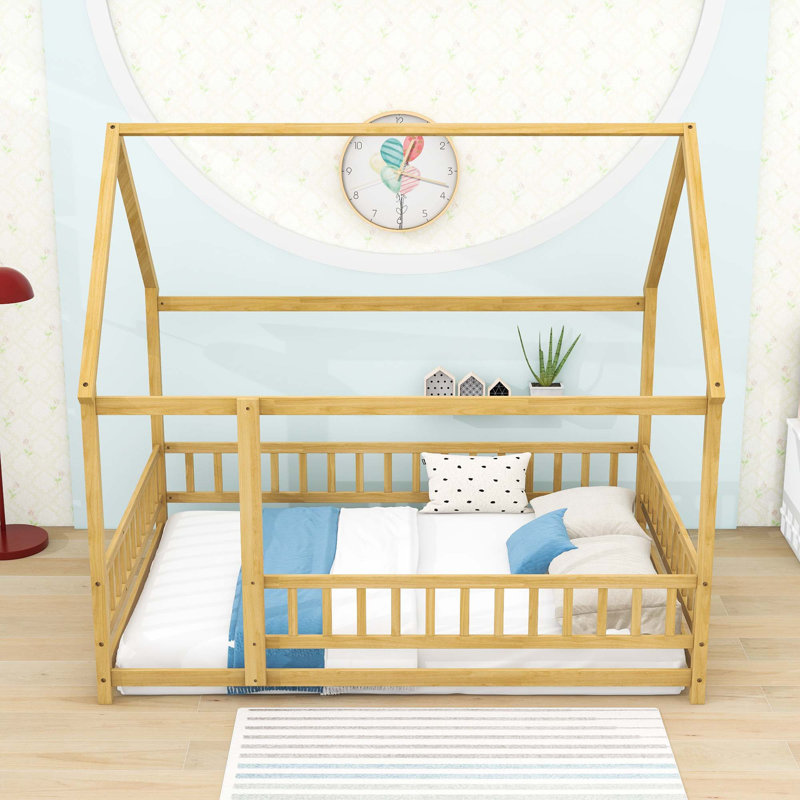 Lit sur pied en bois avec cadre de toit Huot, Double, Naturel