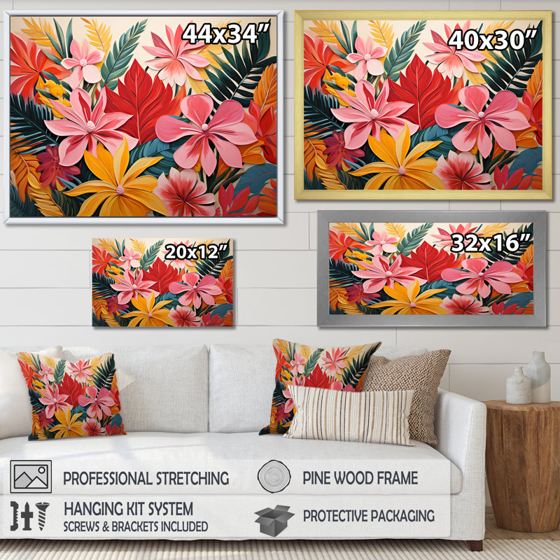 Motif de jungle tropicale rose floral II - art mural floral, Cadre de coin argenté fermé, H 12 po x l 20 po x P 1 po