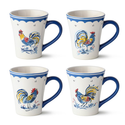 Ensemble de tasses en céramique French Rooster de 4 tasses de 16 oz avec des détails de cobalt classiques et des motifs de coq, parfait pour le café, le thé, le cacao, les cuisines rustiques et les décorations champêtres
