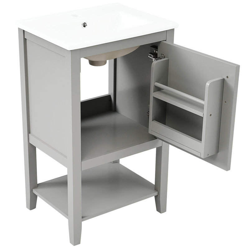 Meuble-lavabo de 20 pouces avec lavabo en céramique blanche et armoire peinte en gris, porte à fermeture douce, support de rangement pour serviettes, savon à tablette ouverte, cadre en bois massif, lavabo autoportant sous comptoir, unité de, deux