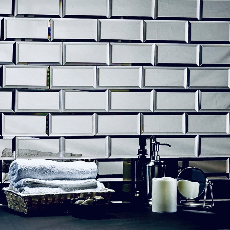 Reflections 3 in. x 6 in. Diamond Grade Glass Mirror Beveled Subway Decorative Kitchen & Bathroom Wall Tile, Graphite Blue