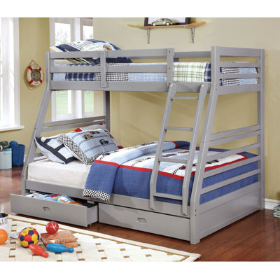 Modern Transitional Bunk Bed Twin Over Full With Two Large Drawers For storage Attached Ladder Made Of Solid Wood Gray
