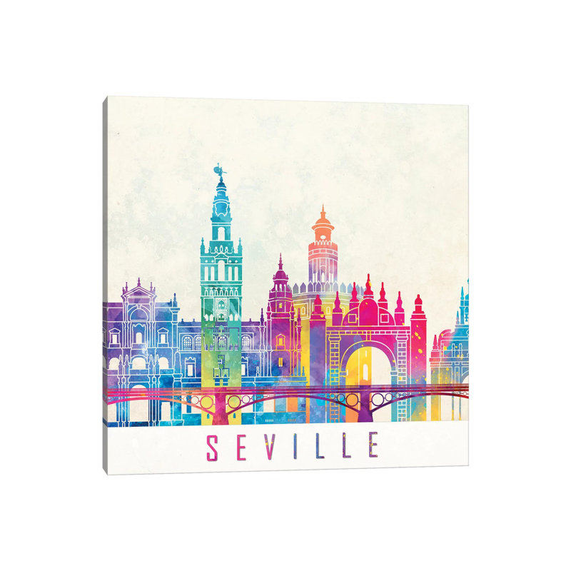 Seville Landmarks Watercolour Poster 1 Piece Wrapped Canvas Wall Art, 30.48cm H x 30.48cm W