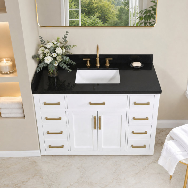 Bravon 49. Comptoir-lavabo en granit noir Galaxy avec lavabo blanc, 49", Bol simple