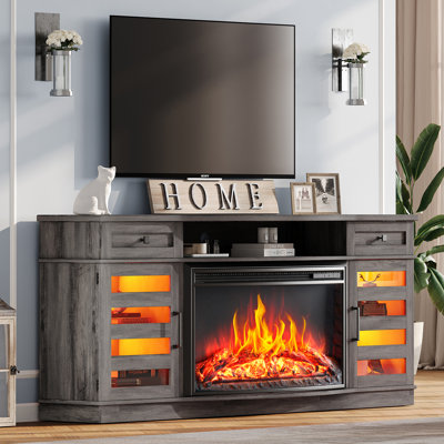 Armoney 70" Farmhouse Curved Fireplace TV Stand With 36'' Electric Fireplace/Led Light/Glass Door & Adjustable Shelves,  Washed Grey