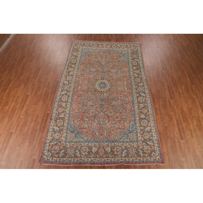Tapis floral orange en laine 8 x 13