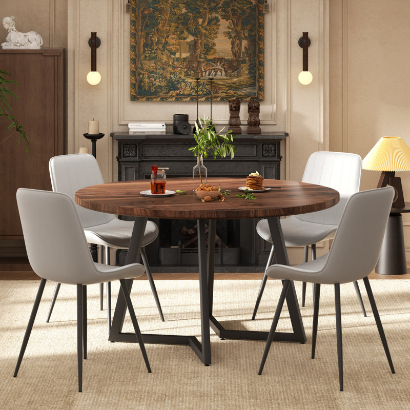 47.2 Round Dining Table Set with PU Leather Chairs, Walnut, Black