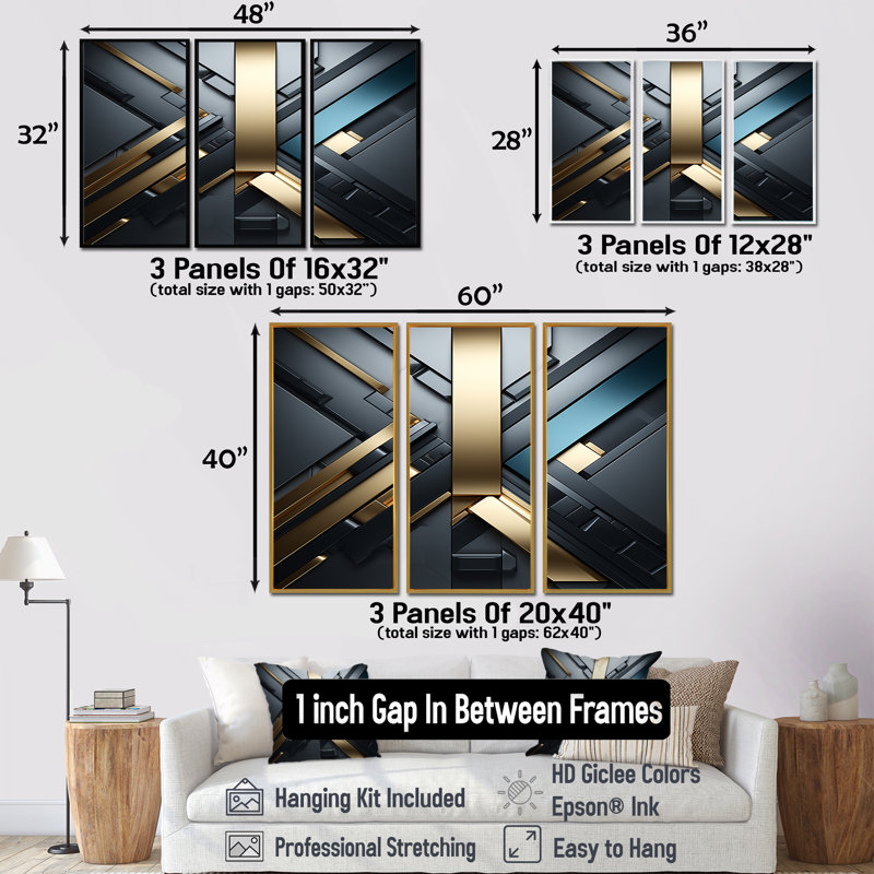 Minimal Tech Blue Gold - ensemble de reproductions d'art géométriques murales, H 40 po x l 60 po x P 1 po