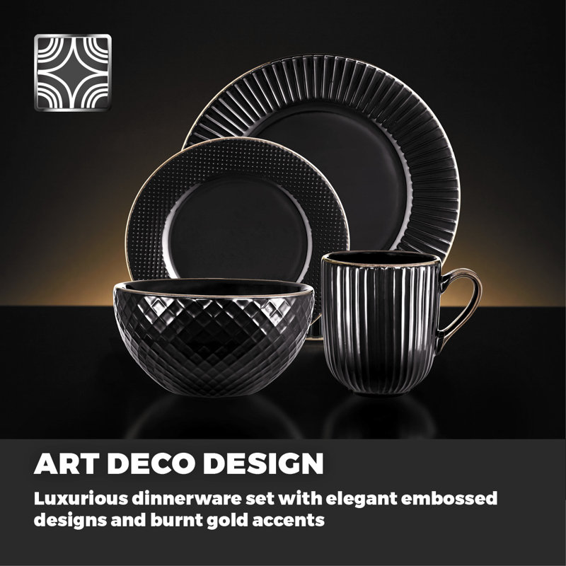 16 Piece Stoneware Dinnerware Set - Service for 4, Black