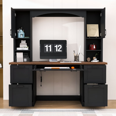 Computer Desk with 4 Drawers, Charging Station and Keyboard Tray
