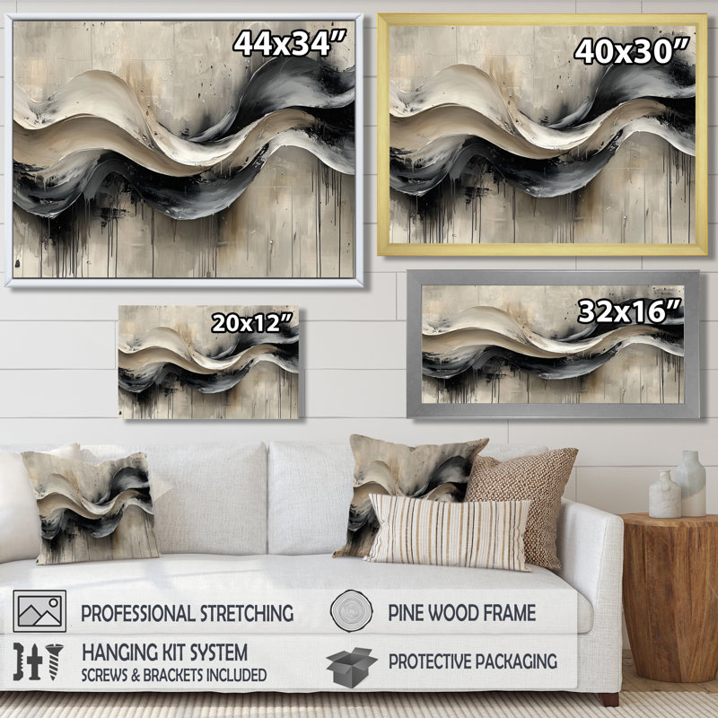 Gris sur fond blanc l'encre rythmique de la rivière à encre IV - Art abstrait de vagues modernes, Cadre simple, Noir