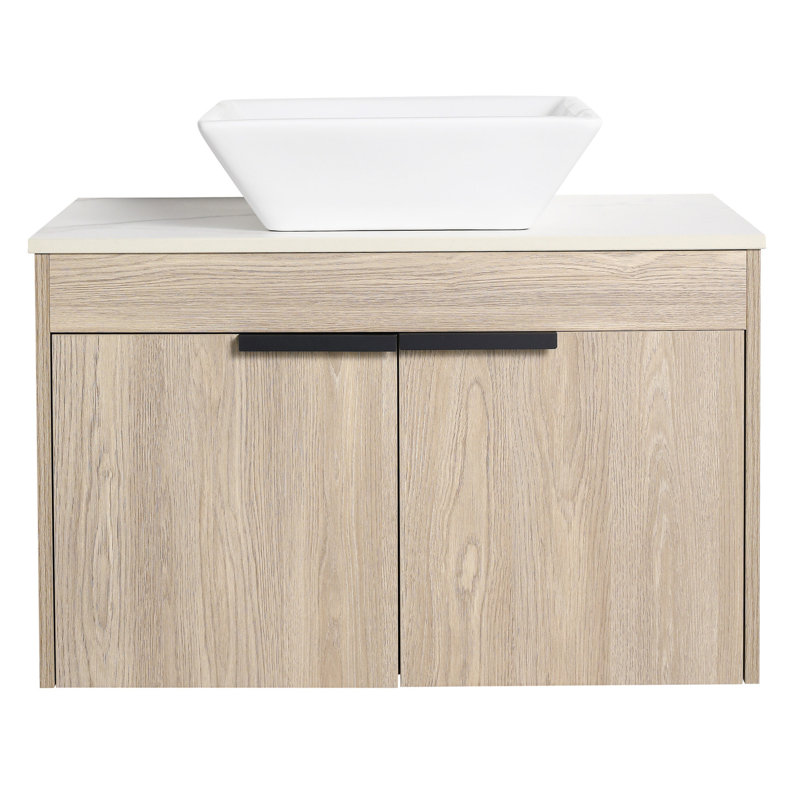 Meuble-lavabo de 30 po avec lavabo en céramique. Teinte murale en chêne blanc, porte à fermeture en douceur, meuble-lavabo moderne élégant - rangement doux