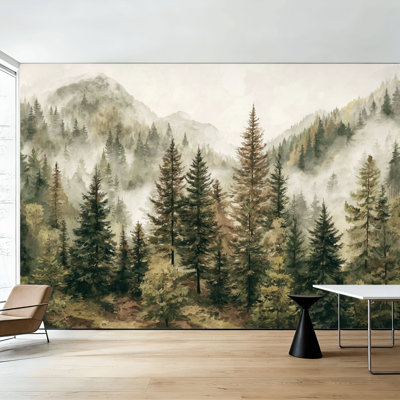 Papier peint auto-adhésif Misty Forest Landscape Aquarelle Serene Mountain Pine Trees