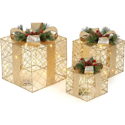 Set Of 3 Light-Up Christmas Gift Boxes With 50 Warm White LED Lights Battery-Powered Xmas Decor Champagne Gold With Gold Ribbon