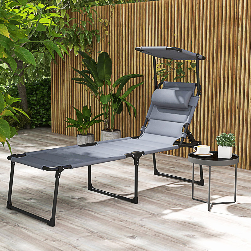 Chaise longue d'extérieur, chaise longue pliante à dossier réglable, chaise rembourrée avec toit pare-soleil et repose-tête