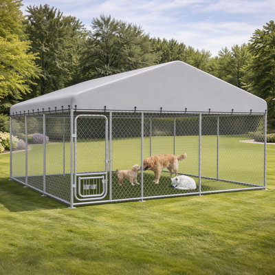 COMHOMA 7.5×7.5FT Outdoor Dog Kennel With Adjustable Bowls Feeder Heavy Duty Extra-Large Dog Enclosure With Roof & Lock All Weather Resistant For Medium Large Dogs