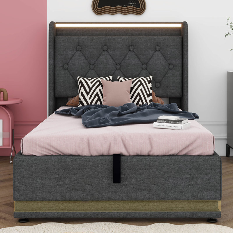 Lit de rangement relevable moderne, cadre de lit à DEL avec station de charge, lit plateforme tapissier avec tête de lit à oreilles