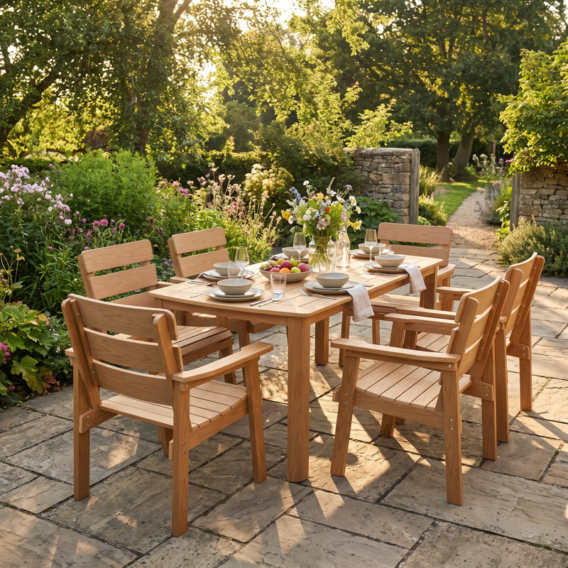 Patio Dining Set For 6 Person All Weather 7 Piece Hips Outdoor Patio Table And Chairs Set With Umbrella Hole For Backyard, Garden, Deck, Poolside, Teak