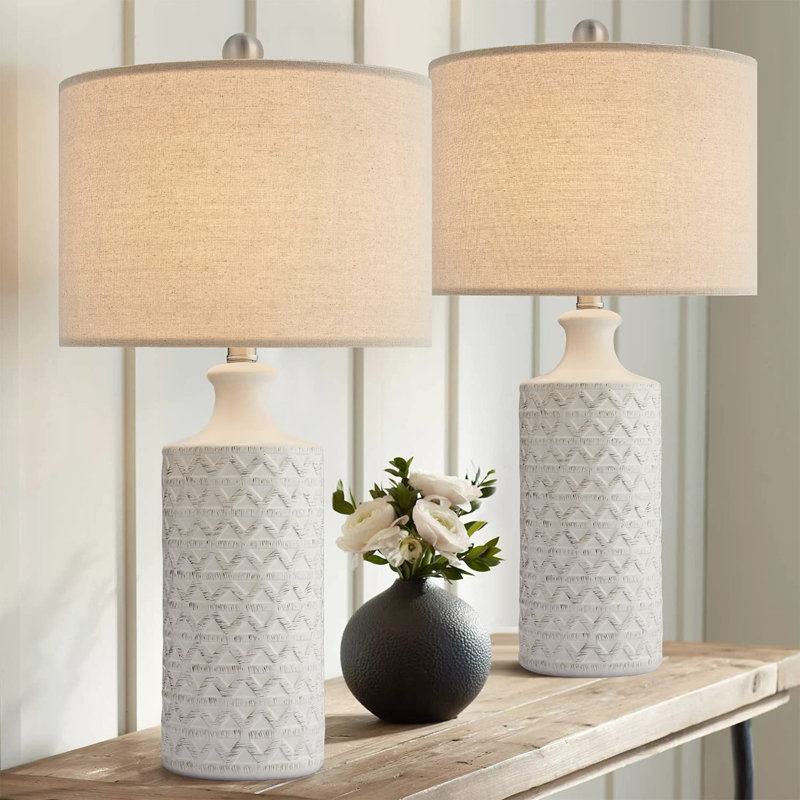 24.75'' White Ceramic Table Lamp Set with Beige Drum Shade