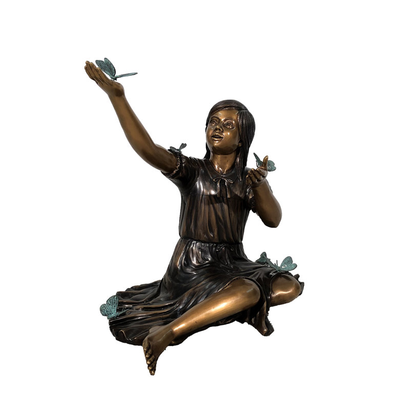 Bronze Sitting Girl with Butterflies Sculpture