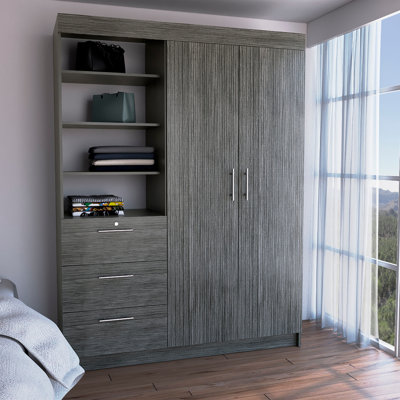 Armoire avec porte double, trois tiroirs, tablette à 3 niveaux et double tringle