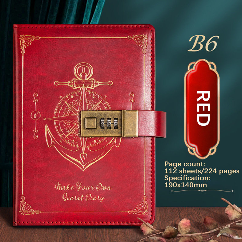 Retro codebook  Password Notebook With Lock B6 Leather Notebook Student High Appearance Diary Notebook Notes, D