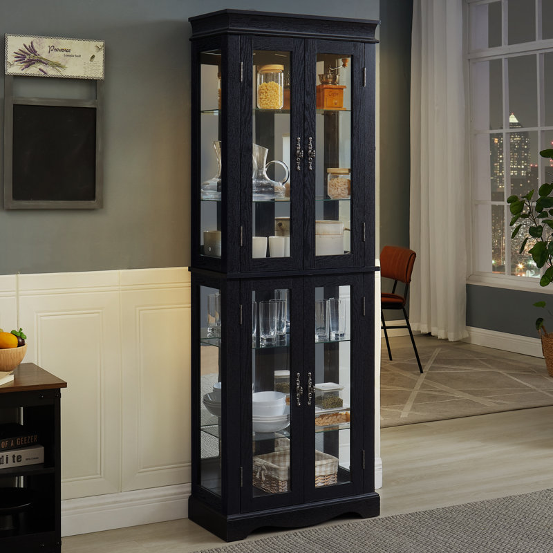 70" Tall China Cabinet With Lighted Shelves, Carved Mdf Wood Freestanding Storage Curio Cabinet With Glass Doors And Mirrored Back Panel