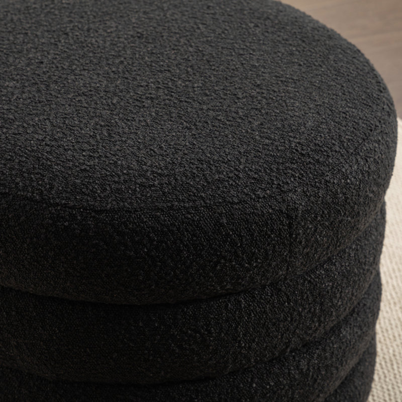 Boucle Fabric Storage Round Ottoman Footstool With Wooden Shelving, Black Boucle