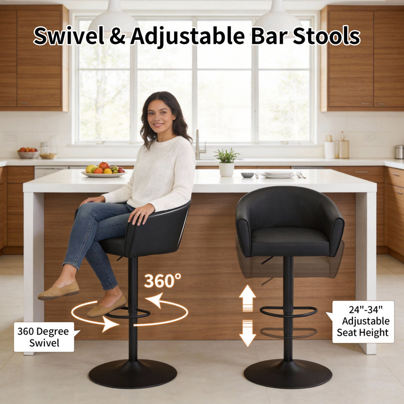 Tabourets de bar pivotants à hauteur réglable avec dossier et accoudoirs (ensemble de 2), Noir, 2