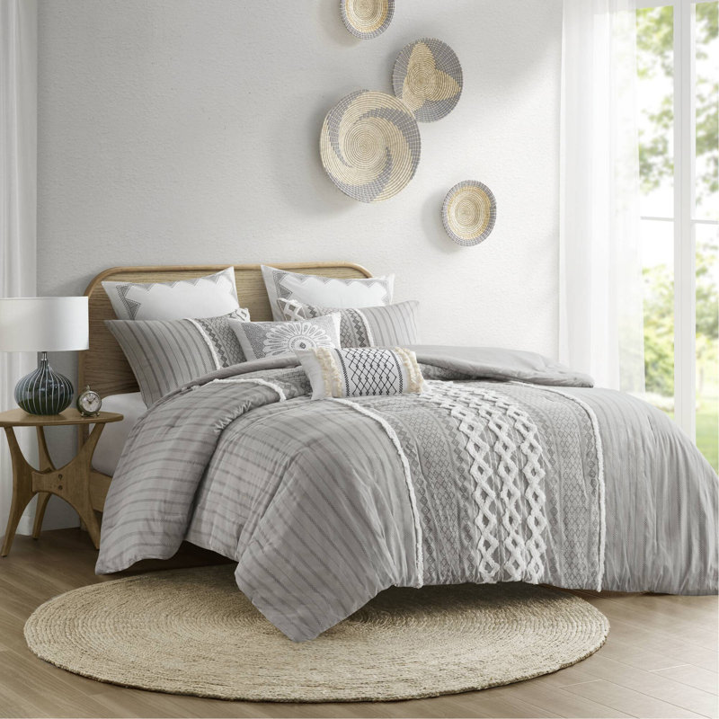 Ensemble d'édredon en coton avec chenille, Édredon pour grand lit + 2 taies décoratives, Gris