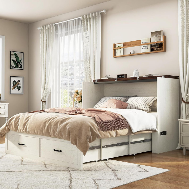 Queen Size Farmhouse Wood Murphy Chest Bed, Space-Saving Hidden Folding Storage Cabinet Bed with Drawer & Built-In Charging Station for Bedroom & Office
