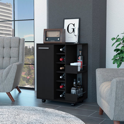 Bar Cart, One Cabinet With Division, Six Cubbies For Liquor, Two Shelves by Latitude Run