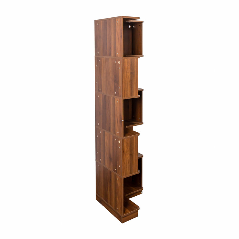 5-Tier Walnut Corner Bookshelf with L-Shaped Display Shelf and Baffle, Bookcase with LED lights for Home Office & Living Room