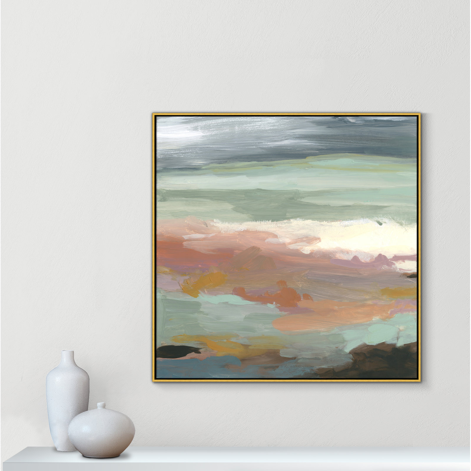 Bingham "Ocean Bluffs" Painting by Carol Robinson, Picture Framed Canvas, 46.5" H x 46.5" W, Gold