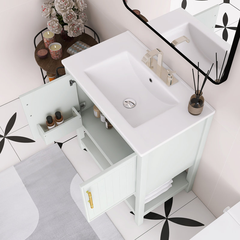 Meuble-lavabo autoportant de 30 po avec lavabo en céramique et rangement polyvalent, Vert clair