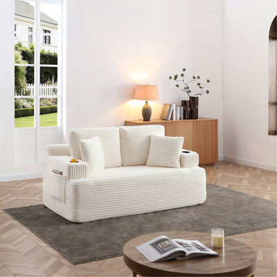 Canapé de 66,5 po sans canapé avec 2 coussins supplémentaires, 2 places en velours côtelé avec porte-gobelet et pochettes latérales. Installation facile (beige, 2 places)