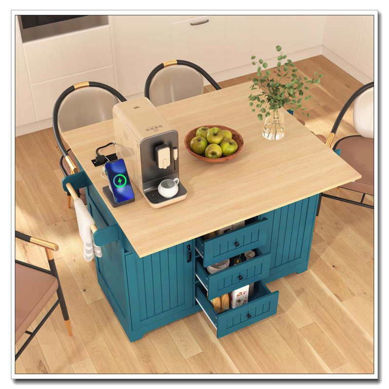 55.7" Kitchen Island with 2 Drop Leaves & Power Outlet (Two Packages), Green