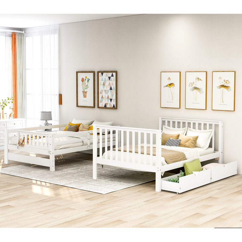 Lit superposé double blanc avec tablettes et tiroirs de rangement multiples, escalier à quatre marches pour une montée en toute sécurité, barrière de sécurité supérieure en blanc, organisation de la pièce à 6 tiroirs, résistance en bois de pin massif
