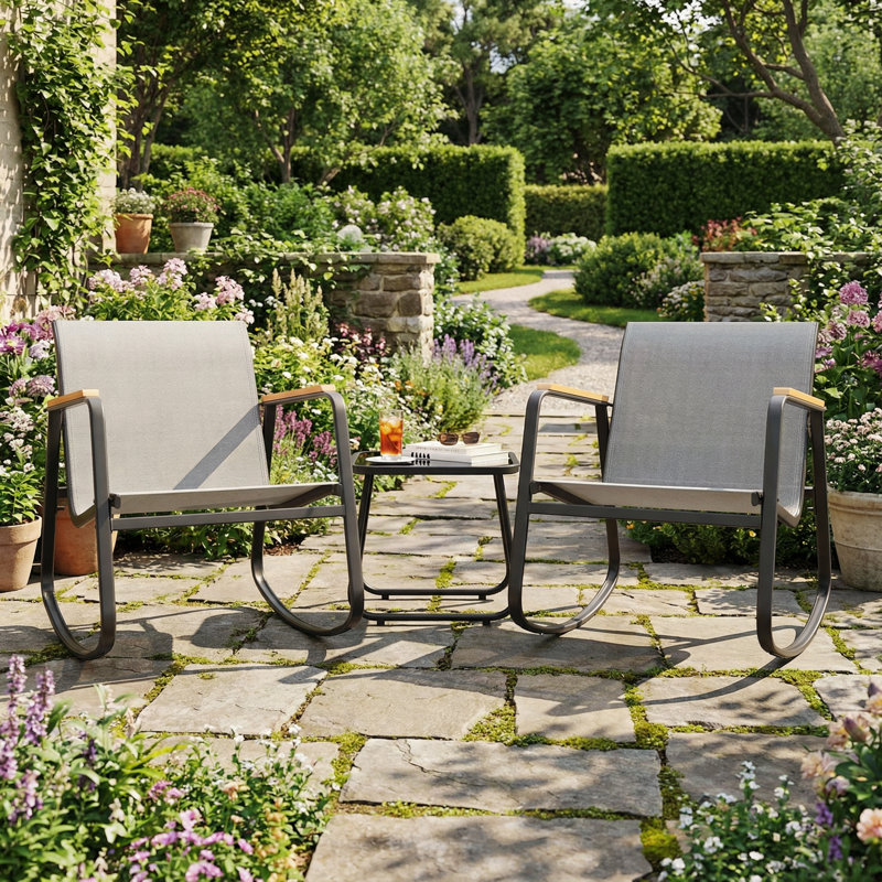 3-Piece  Outdoor Patio Conversation Rocking Set With Table，Seating Group, Gray
